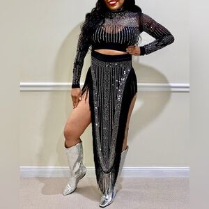 Cowgirl Rodeo Sheer Fringe Vegas Showdown Two Piece Set Black